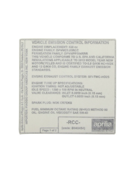 Autocollant / sticker / décor de control des emissions origine Piaggio Aprilia Na Mana 850 2009-2016