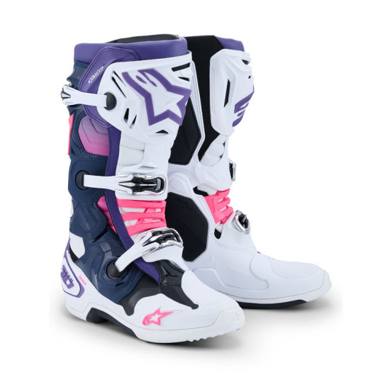 Bottes cross Alpinestars Tech 10 - Blanc Violet Bleu Marine Rose Fluo