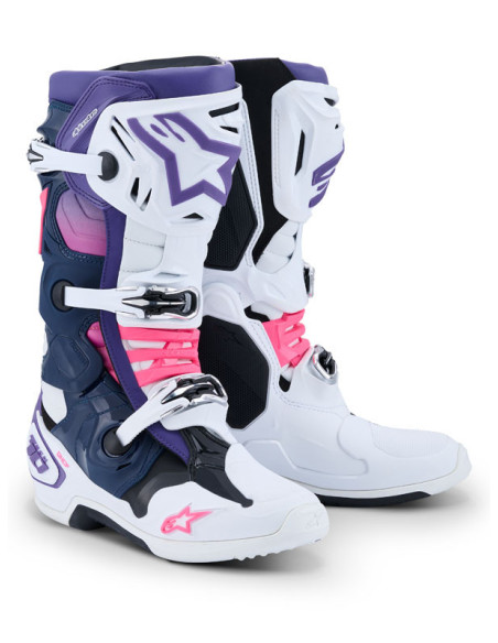 Bottes cross Alpinestars Tech 10 - Blanc Violet Bleu Marine Rose Fluo