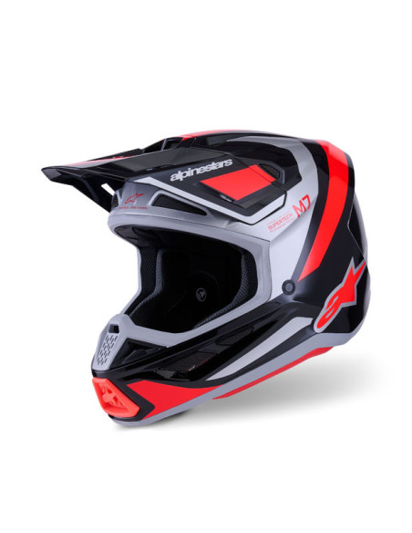 Casque cross Alpinestars 2026 S-M7 Rise - Noir Argent Rouge Fluo