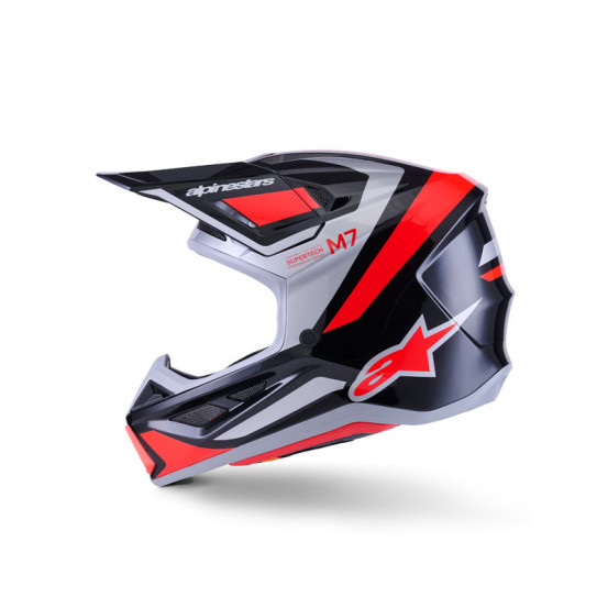 Casque cross Alpinestars 2026 S-M7 Rise - Noir Argent Rouge Fluo