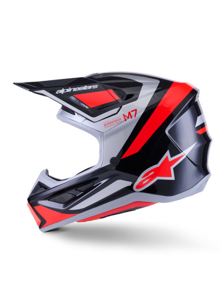 Casque cross Alpinestars 2026 S-M7 Rise - Noir Argent Rouge Fluo