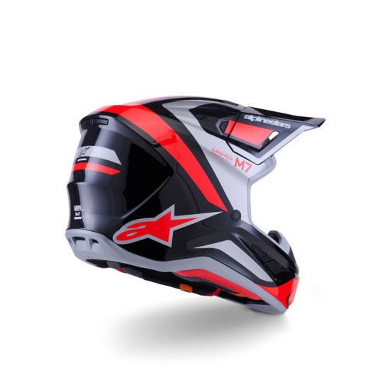 Casque cross Alpinestars 2026 S-M7 Rise - Noir Argent Rouge Fluo