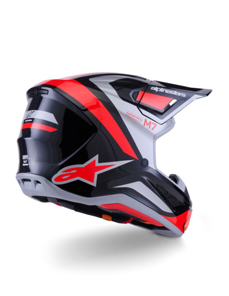 Casque cross Alpinestars 2026 S-M7 Rise - Noir Argent Rouge Fluo