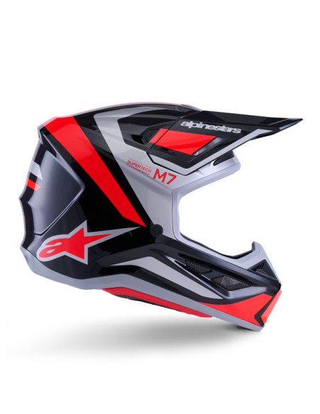 Casque cross Alpinestars 2026 S-M7 Rise - Noir Argent Rouge Fluo