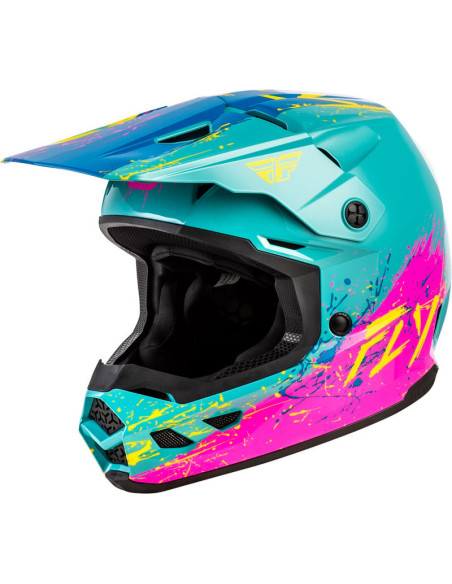 Casque enfant cross Fly Racing Kinetic - Drip - Turquoise Rose Jaune