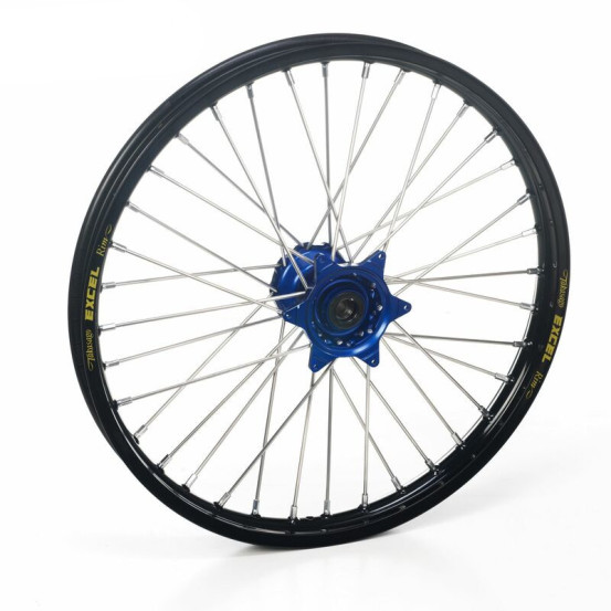 Roue avant complète 21x1,60 HAAN WHEELS - 36 rayons - Cercle EXCEL noir / Moyeu bleu - SHERCO