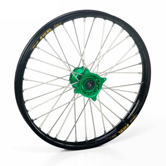 Roue avant complète 17x1,40 HAAN WHEELS - 32 rayons - Cercle EXCEL noir / Moyeu vert - KAWASAKI