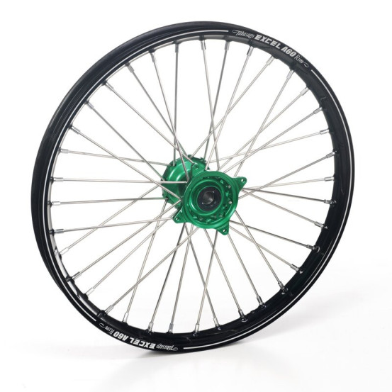 Roue avant complète 21x1,60 HAAN WHEELS - 36 rayons - Cercle EXCEL A60 noir / Moyeu vert - KAWASAKI
