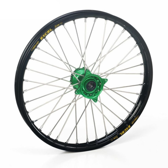 Roue avant complète 21x1,60 HAAN WHEELS - 36 rayons - Cercle EXCEL noir / Moyeu vert - KAWASAKI