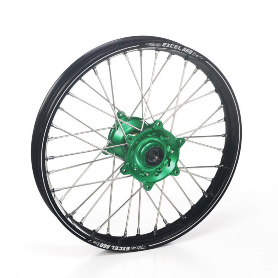 Roue arrière complète 19x1,85 HAAN WHEELS - 36 rayons - Cercle EXCEL A60 noir / Moyeu vert - KAWASAKI