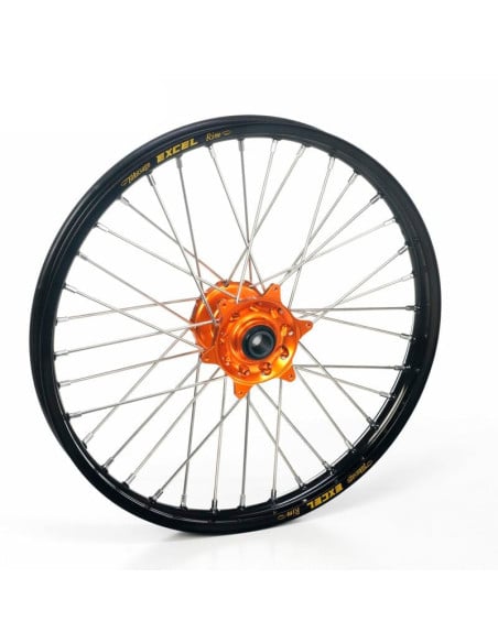 Roue avant complète 17x1,40 HAAN WHEELS - 32 rayons - Cercle EXCEL noir / Moyeu orange - GASGAS / HUSQVARNA / KTM