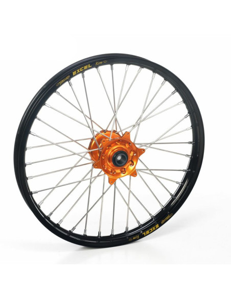 Roue avant complète 19x1,40 HAAN WHEELS - 32 rayons - Cercle EXCEL noir / Moyeu orange - GASGAS / HUSQVARNA / KTM