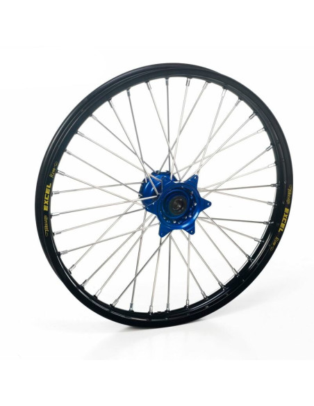 Roue avant complète 19x1,40 HAAN WHEELS - 32 rayons - Cercle EXCEL noir / Moyeu bleu - GASGAS / HUSQVARNA / KTM