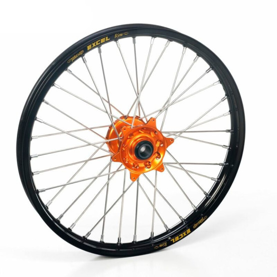 Roue avant complète 17x3,50 HAAN WHEELS - 36 rayons - Cercle EXCEL noir / Moyeu orange - GASGAS / HUSQVARNA / KTM / STARK