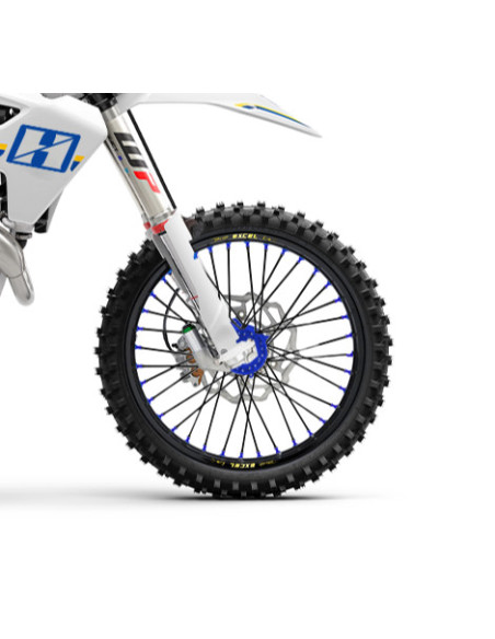 Roue avant complète 17x3,50 HAAN WHEELS - 36 rayons - Cercle EXCEL noir / Moyeu bleu - GASGAS / HUSQVARNA / KTM / STARK