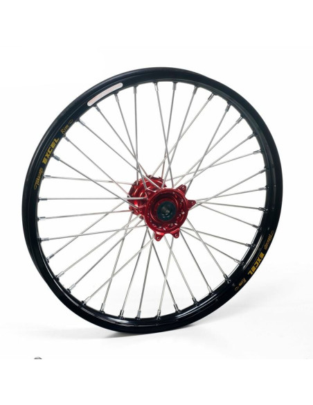 Roue avant complète 17x3,50 HAAN WHEELS - 36 rayons - Cercle EXCEL noir / Moyeu rouge - GASGAS / HUSQVARNA / KTM / STARK