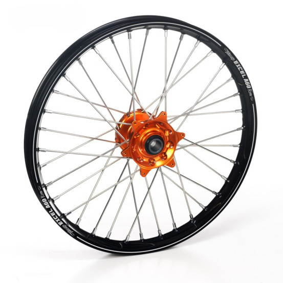 Roue avant complète 21x1,60 HAAN WHEELS - 36 rayons - Cercle EXCEL A60 noir / Moyeu orange - GASGAS / HUSQVARNA / KTM
