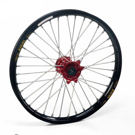Roue avant complète 21x1,60 HAAN WHEELS - 36 rayons - Cercle EXCEL noir / Moyeu rouge - GASGAS / HUSQVARNA / KTM