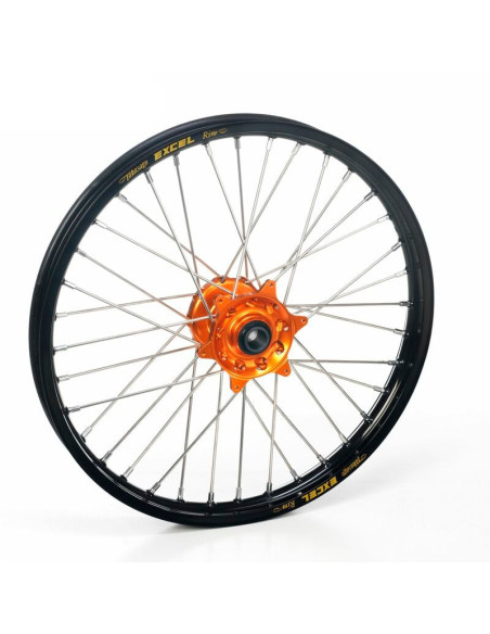 Roue avant complète 16x3,50 HAAN WHEELS - 36 rayons - Cercle EXCEL noir / Moyeu orange - GASGAS / HUSQVARNA / KTM