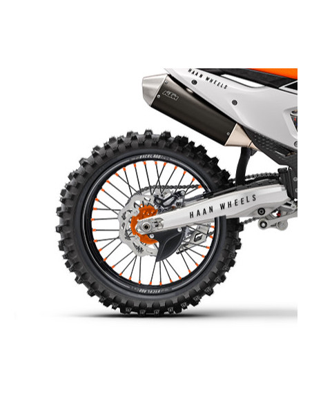 Roue arrière complète 18x2,15 HAAN WHEELS - 36 rayons - Cercle EXCEL A60 noir / Moyeu orange - GASGAS / HUSQVARNA / KTM