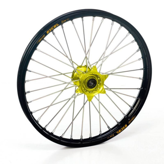 Roue avant complète 19x1,40 HAAN WHEELS - 32 rayons - Cercle EXCEL noir / Moyeu Jaune - SUZUKI