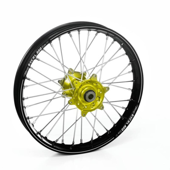 Roue arrière complète 19x1,85 HAAN WHEELS - 36 rayons - Cercle EXCEL A60 noir / Moyeu Jaune - SUZUKI