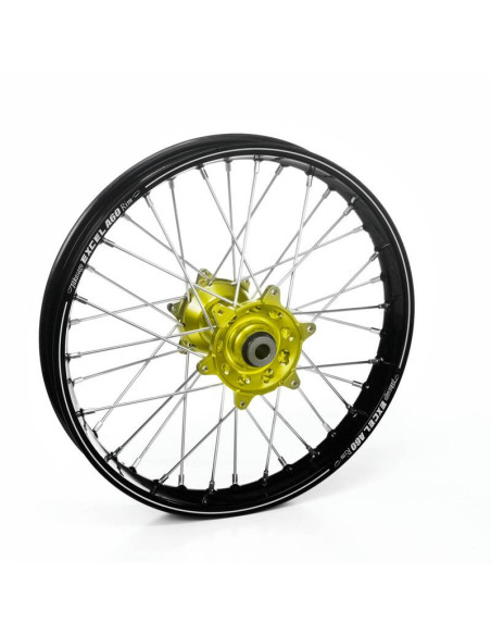 Roue arrière complète 19x1,85 HAAN WHEELS - 36 rayons - Cercle EXCEL A60 noir / Moyeu Jaune - SUZUKI