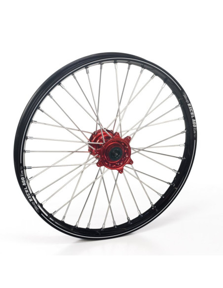 Roue avant complète 21x1,60 HAAN WHEELS - 36 rayons - Cercle EXCEL A60 noir / Moyeu rouge - FANTIC / YAMAHA