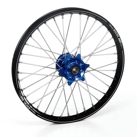 Roue avant complète 21x1,60 HAAN WHEELS - 36 rayons - Cercle EXCEL A60 noir / Moyeu bleu - FANTIC / YAMAHA