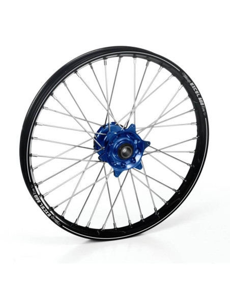 Roue avant complète 21x1,60 HAAN WHEELS - 36 rayons - Cercle EXCEL A60 noir / Moyeu bleu - FANTIC / YAMAHA