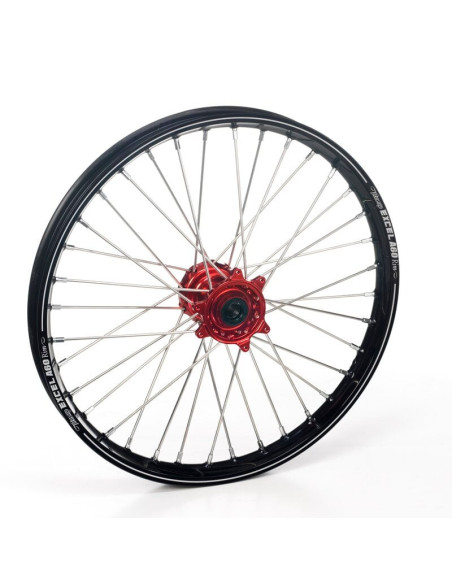 Roue avant complète 21x1,60 HAAN WHEELS - 36 rayons - Cercle EXCEL A60 noir / Moyeu rouge - FANTIC / YAMAHA