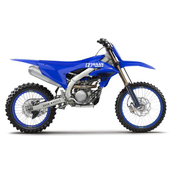 Roue avant complète 21x1,60 HAAN WHEELS - 36 rayons - Cercle EXCEL bleu / Moyeu argent - FANTIC / YAMAHA