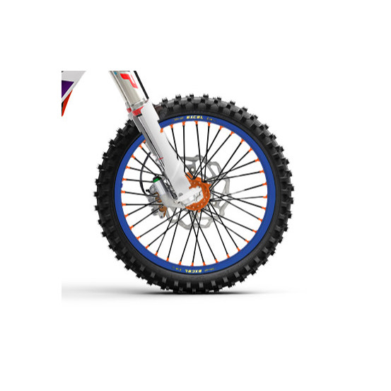 Roue avant complète 17x3,50 HAAN WHEELS - 36 rayons - Cercle EXCEL bleu / Moyeu orange - HUSQVARNA / KTM / STARK