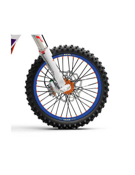 Roue avant complète 17x3,50 HAAN WHEELS - 36 rayons - Cercle EXCEL bleu / Moyeu orange - HUSQVARNA / KTM / STARK