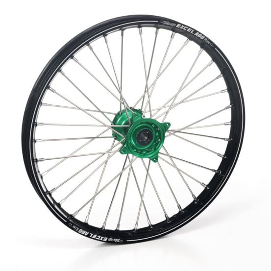 Roue avant complète 21x1,60 HAAN WHEELS - 36 rayons - Cercle EXCEL A60 noir / Moyeu vert - KAWASAKI