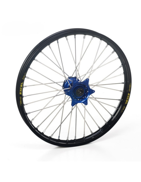 Roue avant complète tubeless 17x3,50 HAAN WHEELS - 36 rayons - Cercle EXCEL noir / Moyeu bleu - HUSQVARNA / KTM / STARK