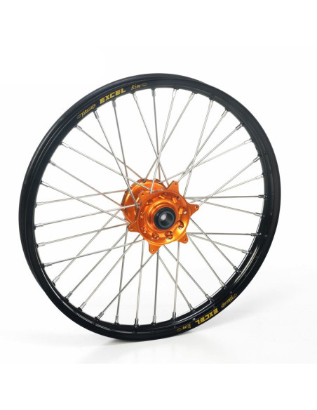 Roue avant complète tubeless 17x3,50 HAAN WHEELS - 36 rayons - Cercle EXCEL noir / Moyeu orange - HUSQVARNA / KTM / STARK