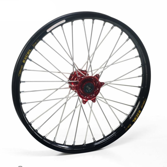 Roue avant complète 16x3,50 HAAN WHEELS - 36 rayons - Cercle EXCEL noir / Moyeu rouge - FANTIC / YAMAHA