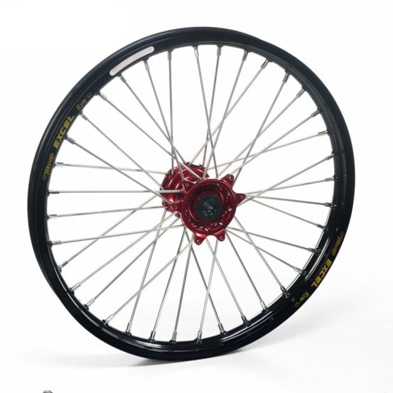 Roue avant complète 17x3,50 HAAN WHEELS - 36 rayons - Cercle EXCEL noir / Moyeu rouge - BETA