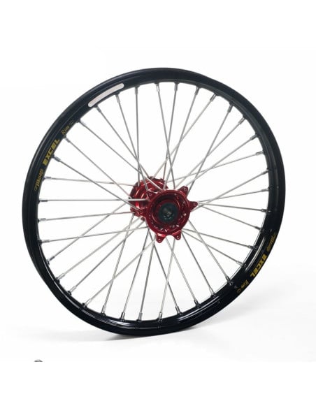 Roue avant complète 17x3,50 HAAN WHEELS - 36 rayons - Cercle EXCEL noir / Moyeu rouge - HONDA
