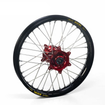 Roue arrière complète 18x2,15 HAAN WHEELS - 36 rayons - Cercle EXCEL noir / Moyeu rouge - BETA / HONDA