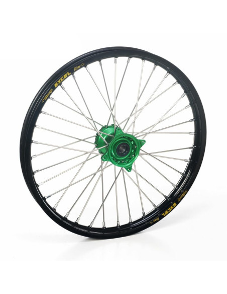 Roue avant complète tubeless 17x3,50 HAAN WHEELS - 36 rayons - Cercle EXCEL noir / Moyeu vert - KAWASAKI