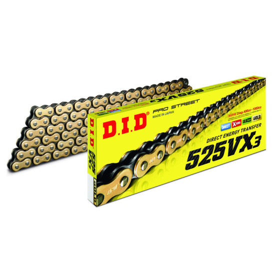 Chaine transmission moto DID 525 VX3 Or/Noir super renforcée joints toriques Xring a riveter