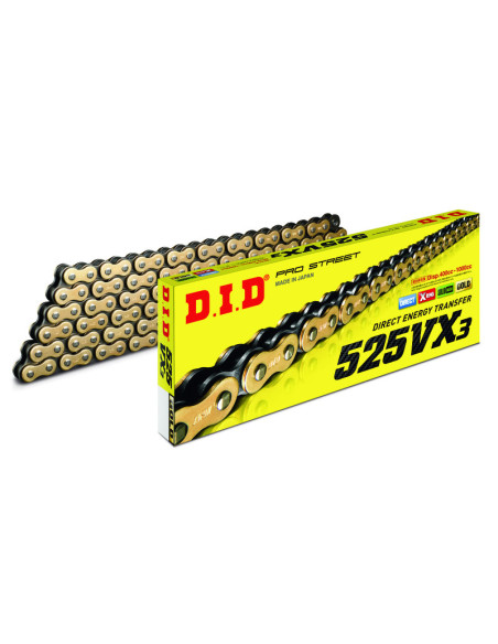Chaine transmission moto DID 525 VX3 Or/Noir super renforcée joints toriques Xring a riveter