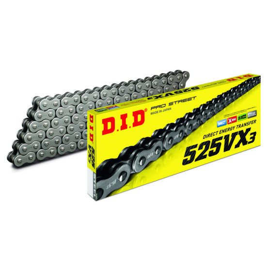 Chaine transmission moto DID 525 VX3 Noir/Noir super renforcée joints toriques Xring a riveter