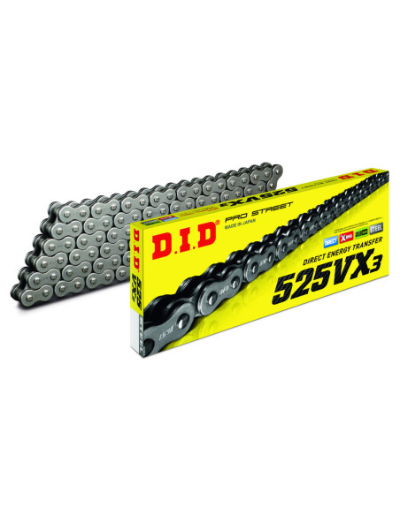 Chaine transmission moto DID 525 VX3 Noir/Noir super renforcée joints toriques Xring a riveter