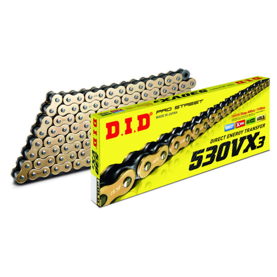 Chaine transmission moto DID 530 VX3 Or/Noir super renforcée joints toriques Xring a riveter