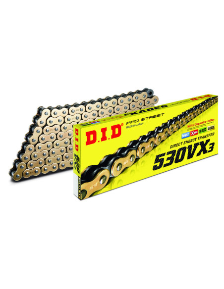 Chaine transmission moto DID 530 VX3 Or/Noir super renforcée joints toriques Xring a riveter