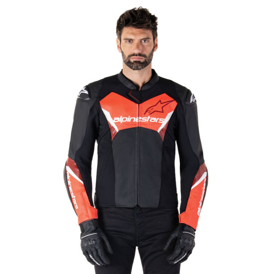 Blouson moto cuir racing Alpinestars Faster V3 Noir Rouge Fluo